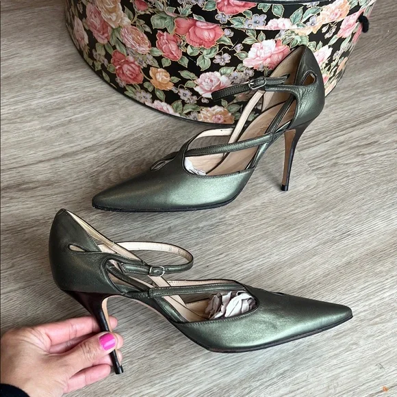 Cole Haan Collection Pointed Toe Strappy Pumps in Metallic Olive Green Leather - Picture 2 of 16